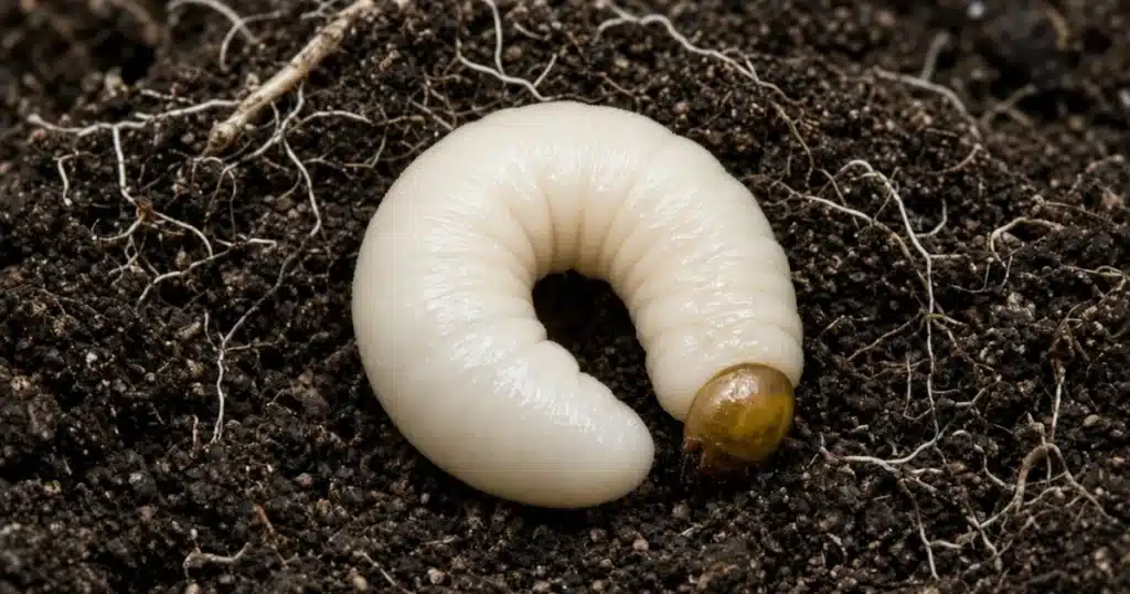 Black vine weevil grub in potting mix next to fine roots