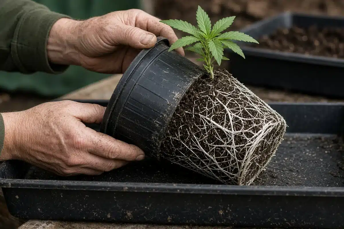 Gardener lifting a plant from its pot to check the root ball for grubs