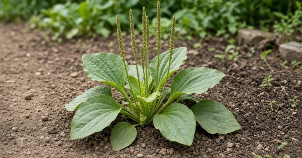 Broadleaf plantain rosette with wide ribbed leaves and slender seed spikes in compacted garden soil
