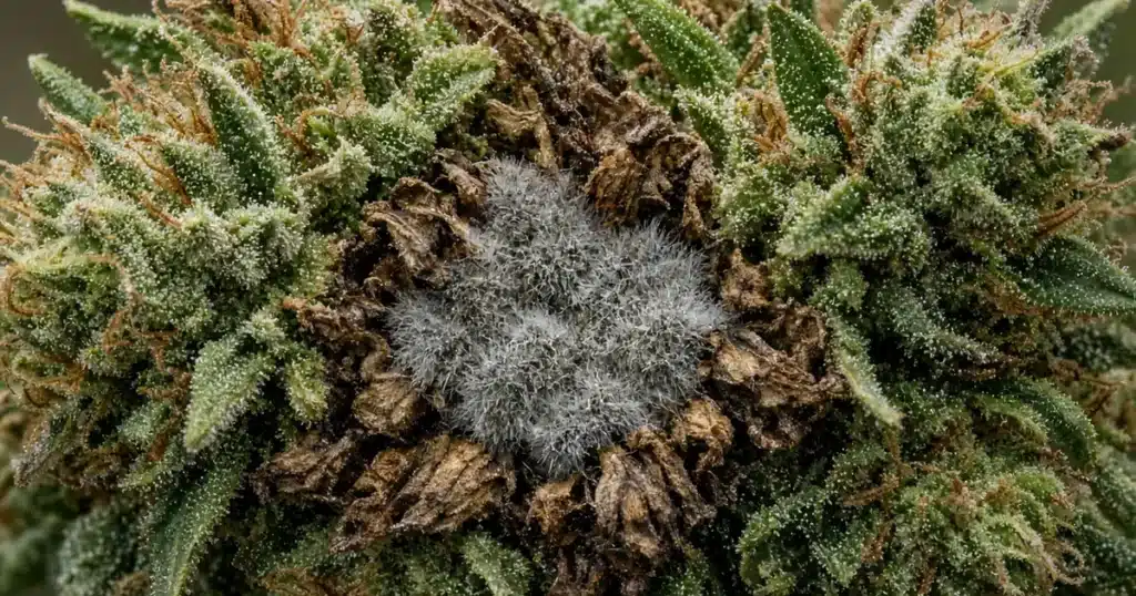 Close view of a frosty cannabis cola with bud rot: gray fuzzy botrytis mold surrounded by brown dead leaves in its center