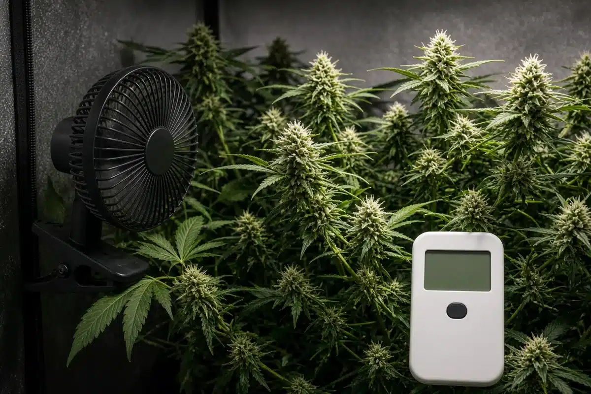Black clip fan and a white hygrometer among flowering cannabis plants inside a grow tent