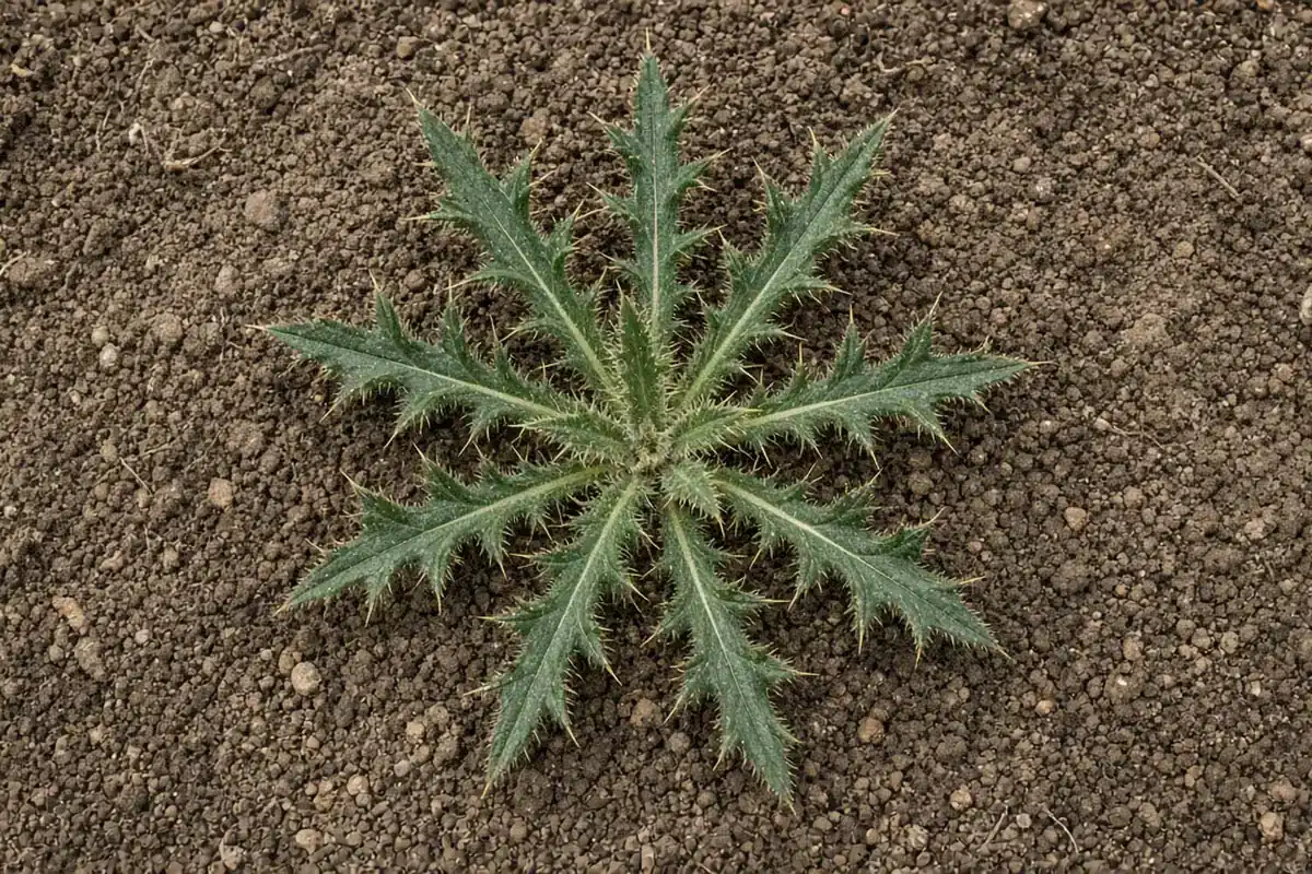 Bull thistle rosette of spiny lobed leaves on bare soil