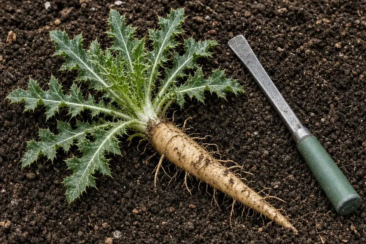 Pulled bull thistle rosette with thick taproot beside a green-handled weeding knife