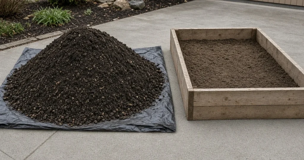 Buying topsoil for cannabis beds: a pile of dark, crumbly bulk soil beside an empty raised bed