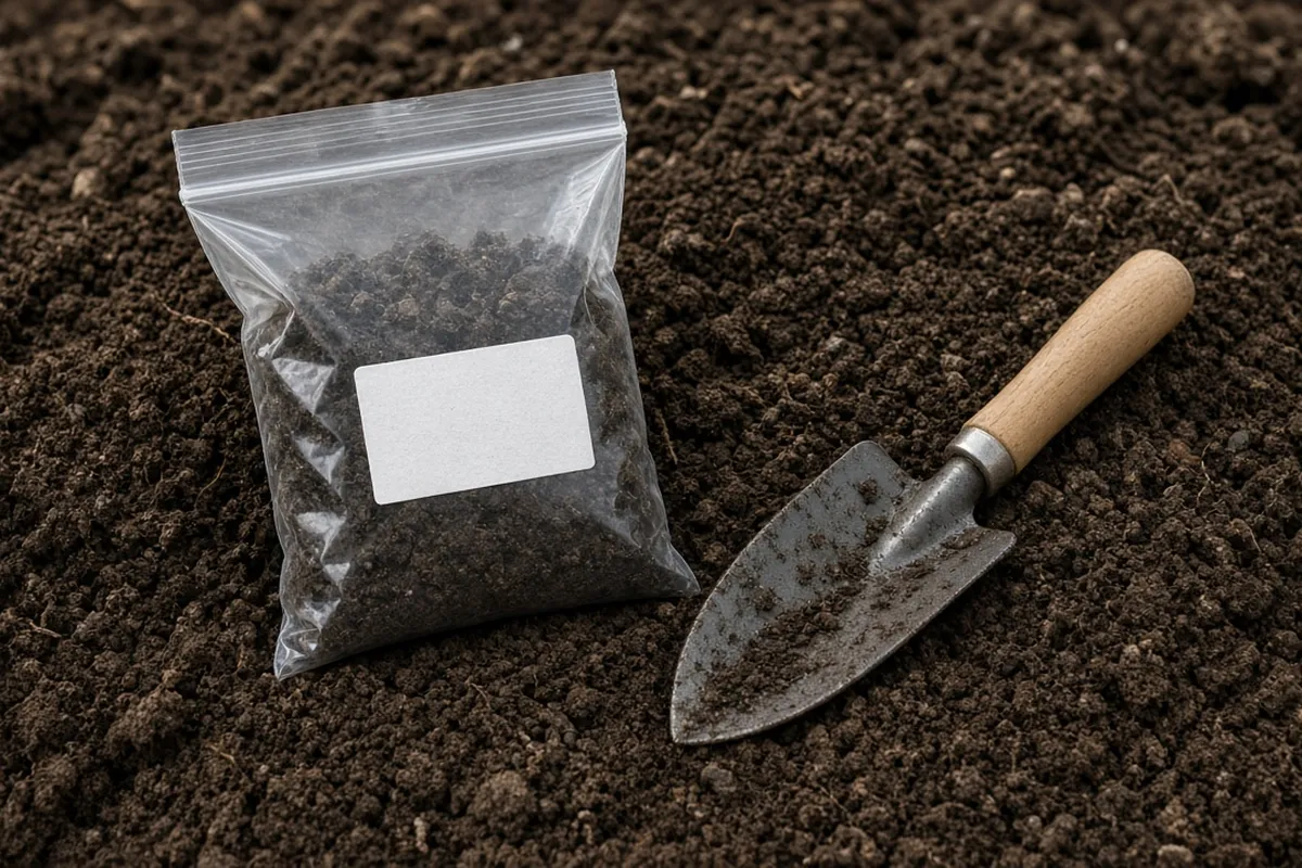 Labeled bag of topsoil sample with a trowel on a soil pile
