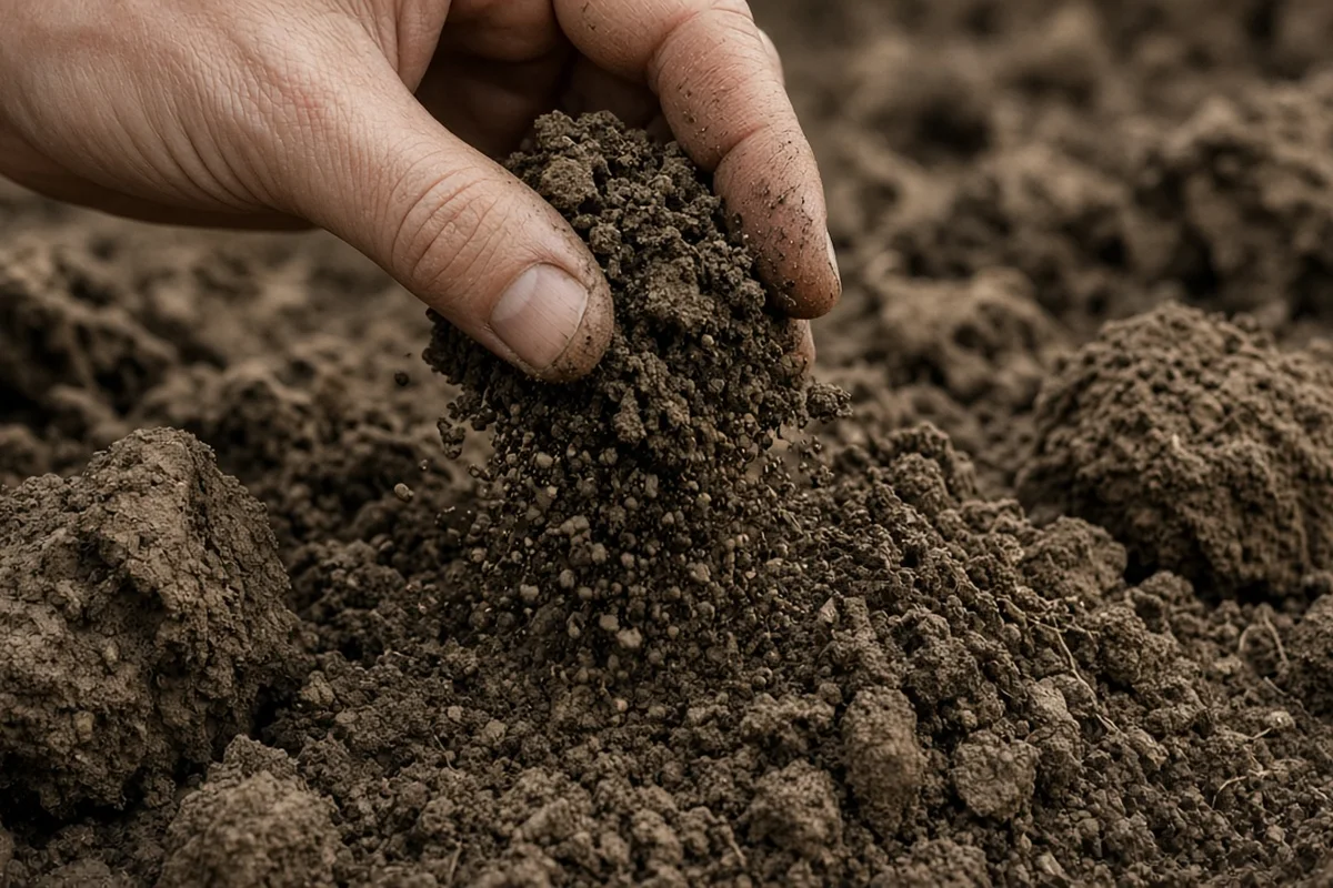 Hand crumbling a dry clump of topsoil to check how easily it breaks apart