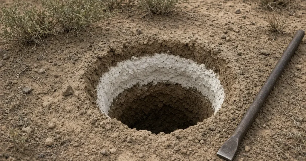 Caliche soil: a pale cemented layer showing in the wall of a planting hole in desert ground