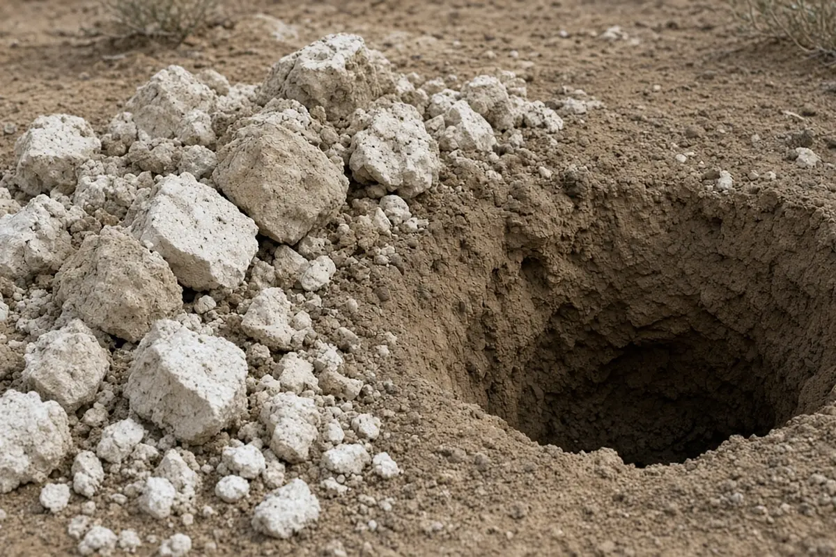 Whitish chunks of caliche removed from a planting hole