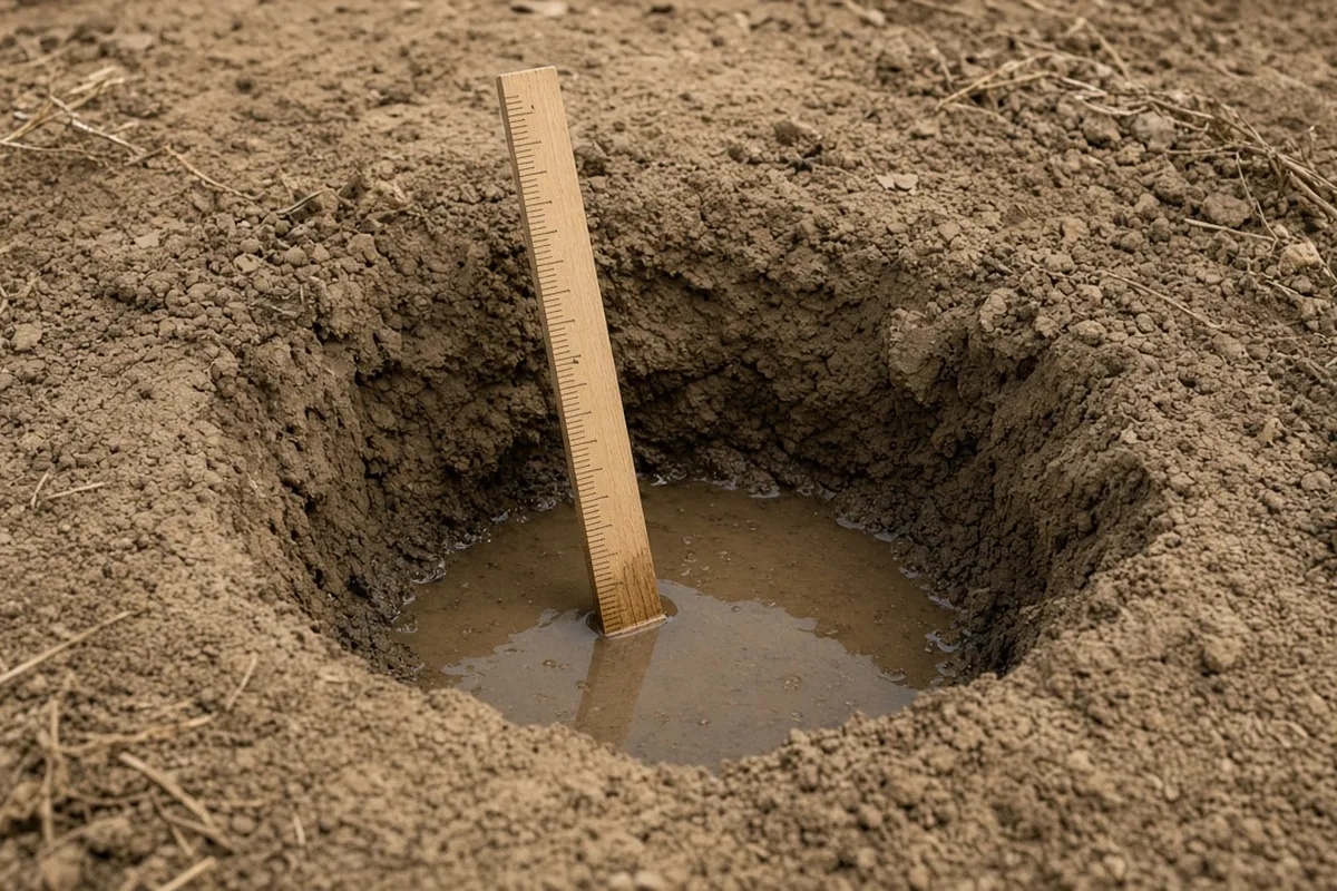 Planting hole partly filled with water and a ruler to check drainage