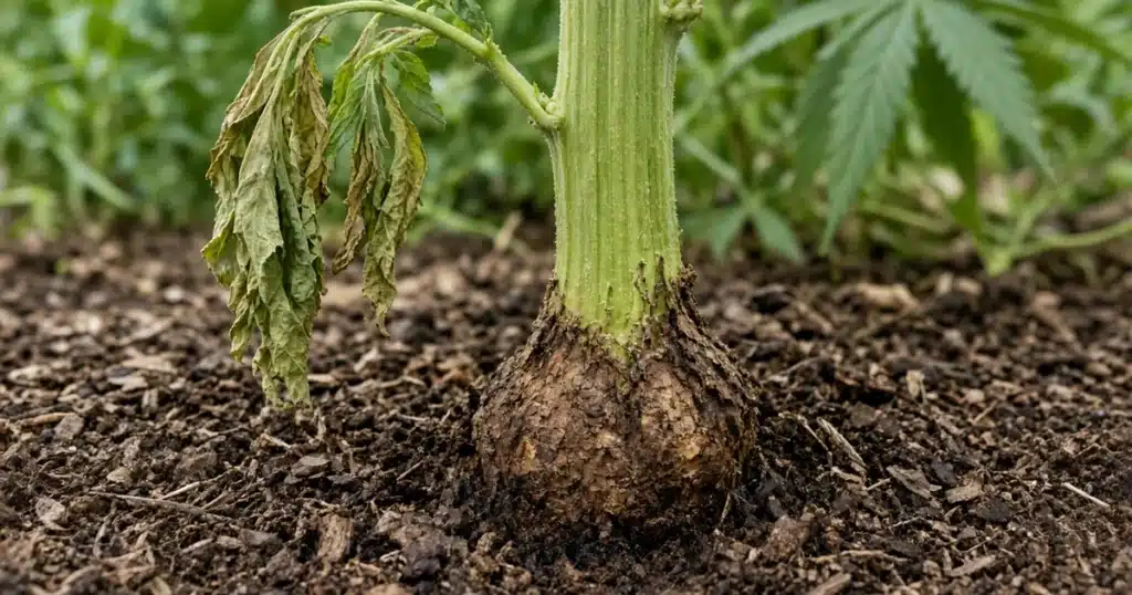 Swollen brown cracked base of a cannabis stem at the soil line with a wilting branch above
