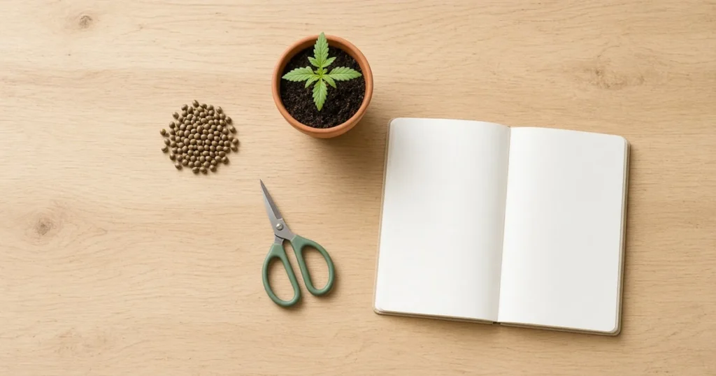 Flat lay of cannabis seeds, a seedling, trimming scissors and a blank notebook