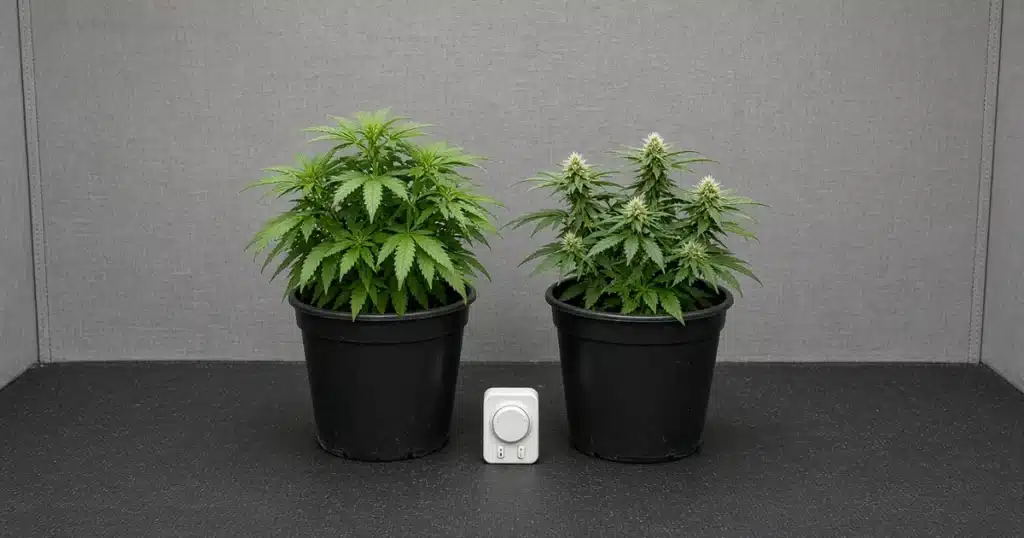 Leafy vegetative cannabis plant beside an early-flowering plant with a timer between, in a grow tent