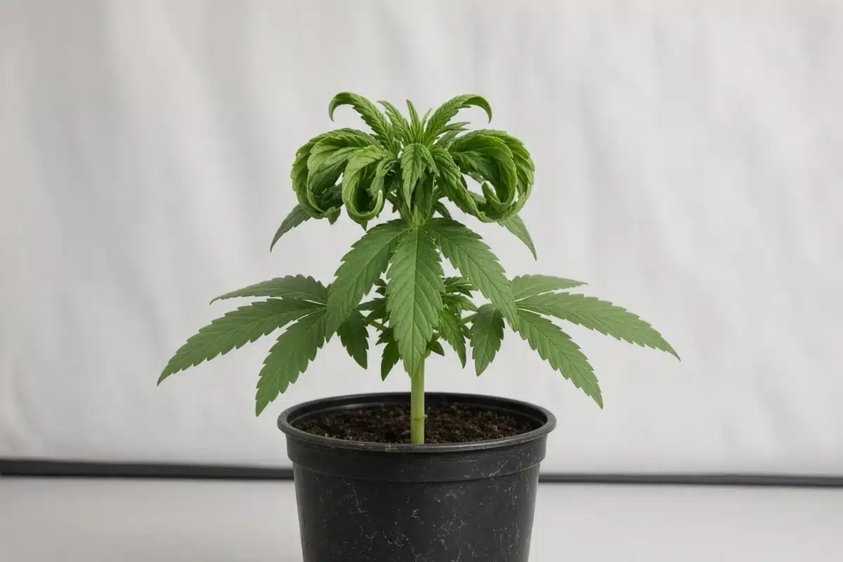 Cannabis plant with folded top leaves and flat lower leaves