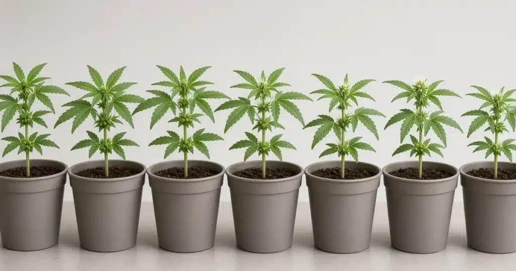 Male to Female Ratio in Cannabis Seeds: young male and female plants in a row of pots