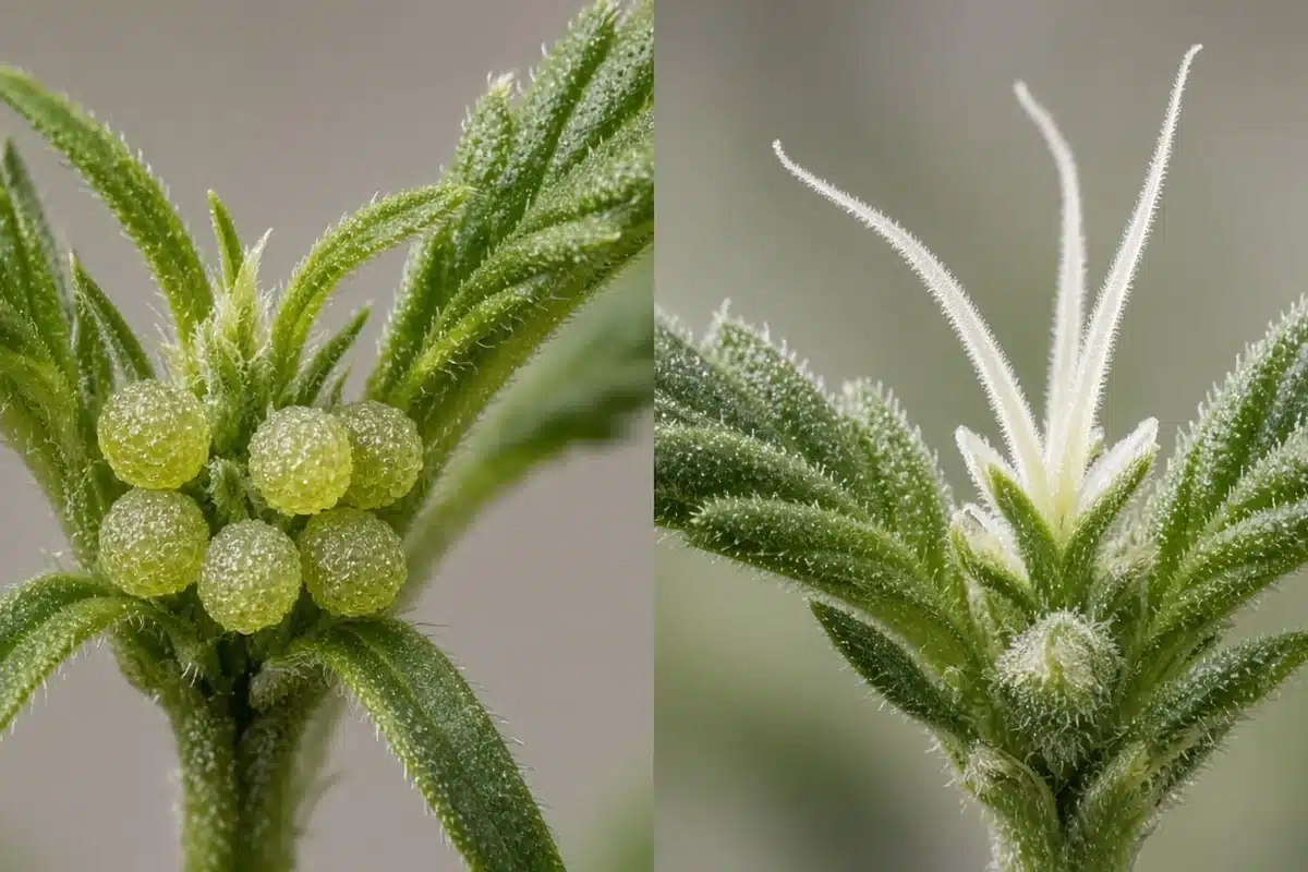 Male pollen sac and female pistils at cannabis branch joints