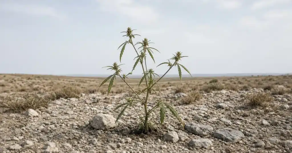 Short sparse wild cannabis ruderalis plant growing from rocky steppe soil