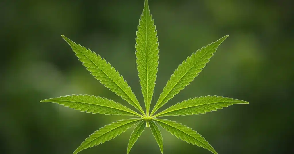 Cannabis Transpiration: underside of a cannabis leaf in backlight