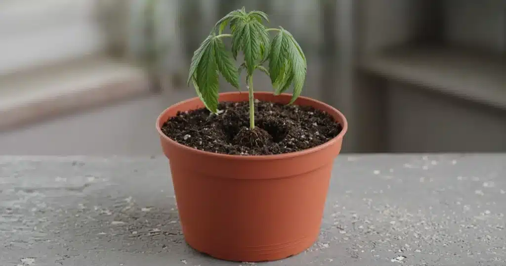 Cannabis transplant shock: a young plant drooping in a freshly filled larger pot