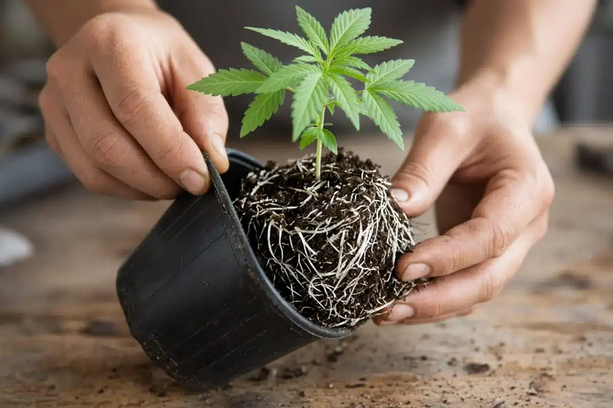 Young cannabis plant eased out of its pot with white roots holding the root ball