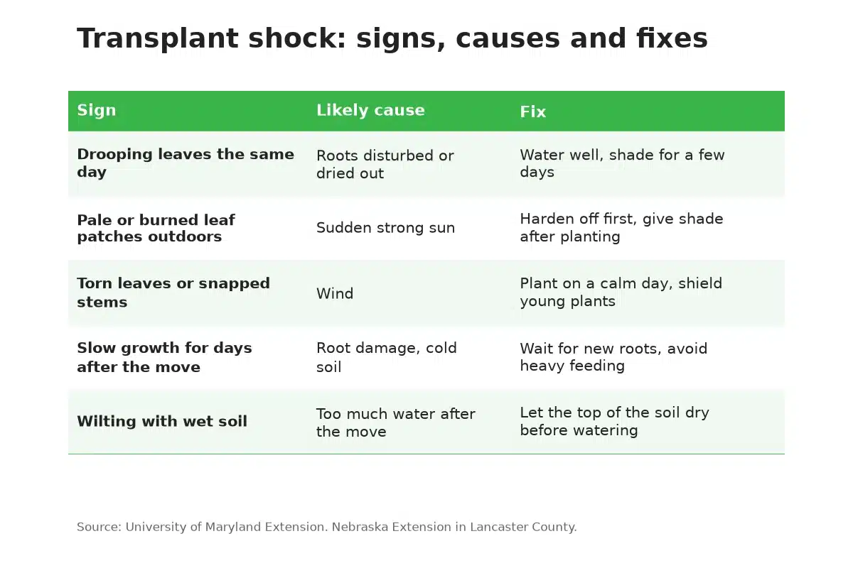 Table of cannabis transplant shock signs, likely causes and fixes