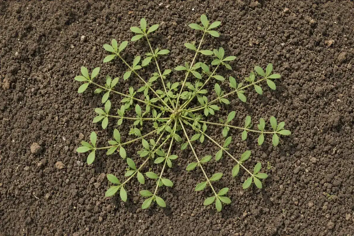 Carpetweed with branching stems and whorled narrow leaves spread on soil