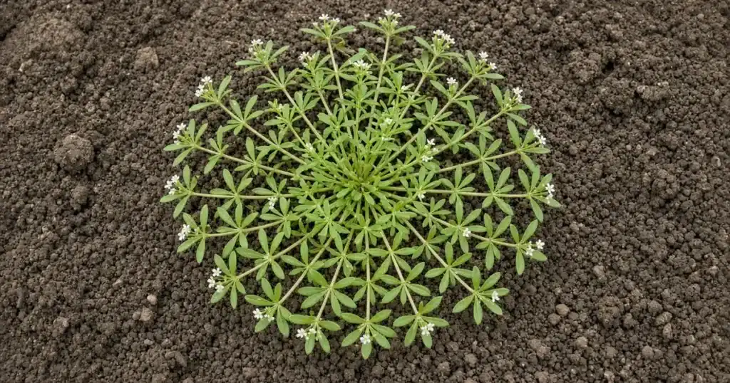 Carpetweed forming a flat round mat of whorled leaves on bare soil