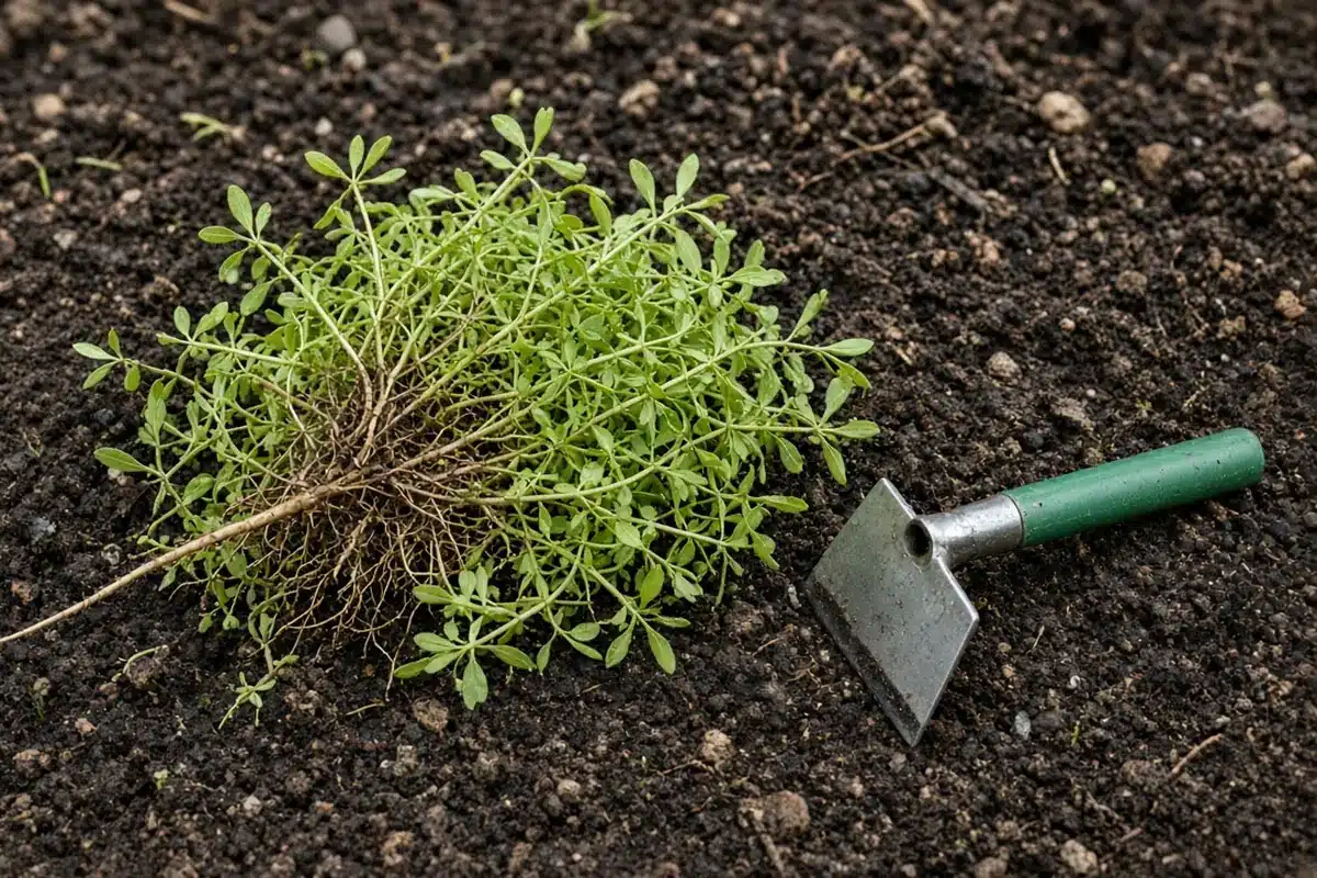 Pulled carpetweed mat with roots beside a green-handled hoe