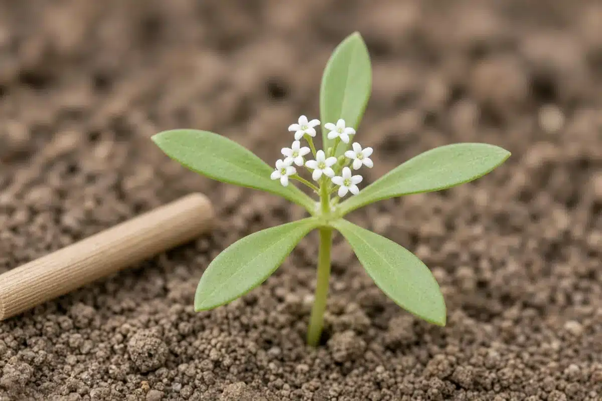 Young carpetweed with narrow leaves and tiny white flowers beside a wooden dowel