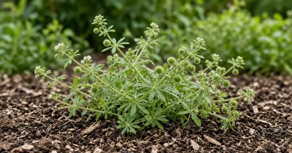 Sprawling catchweed bedstraw with whorled narrow leaves in a mulched garden bed