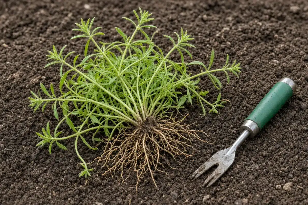 Pulled catchweed bedstraw tangle with roots beside a green-handled weeding fork