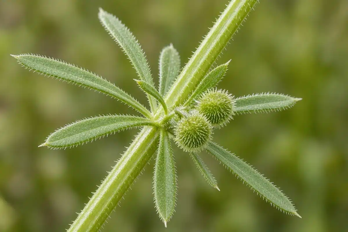 Catchweed bedstraw stem with whorled narrow leaves and round bristly seeds