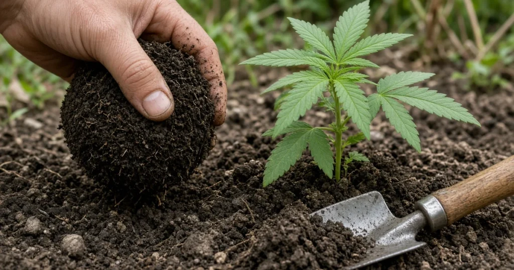 Soil moisture by feel: a hand squeezing garden soil into a ball beside a young cannabis plant