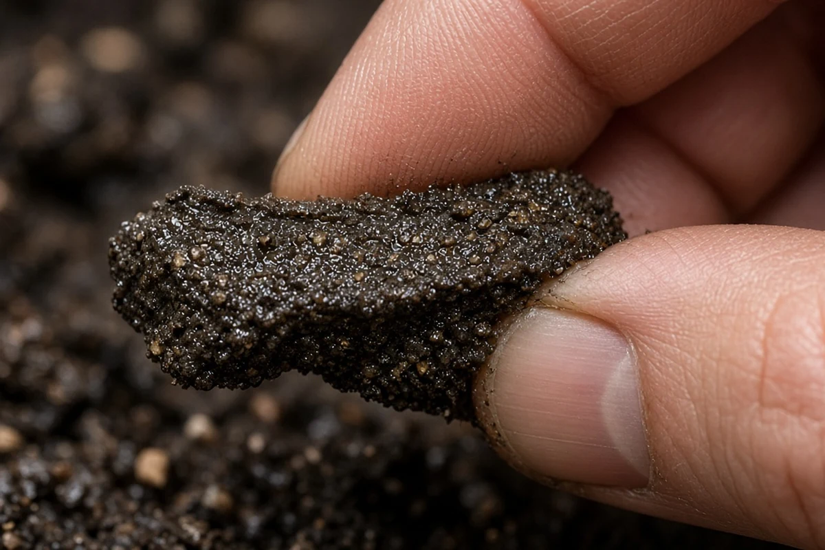 Moist soil pushed between thumb and forefinger to form a ribbon