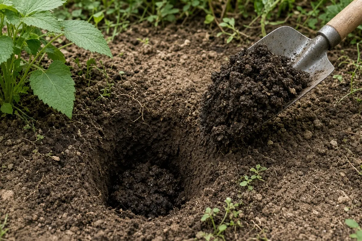 Trowel lifting a soil sample from several inches down beside a garden plant