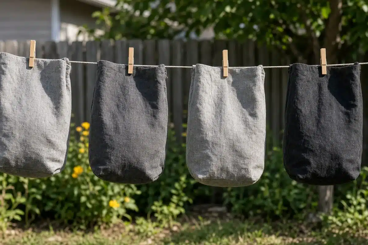 Washed fabric grow pots hanging up to dry before storage