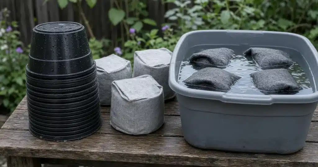 How to disinfect plant pots: scrubbed pots drying beside a soaking tub