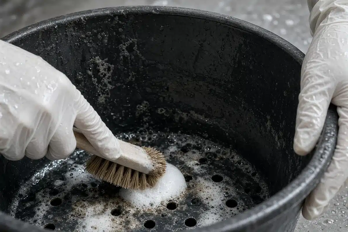 Gloved hands scrubbing the rim and drainage holes of a plastic pot