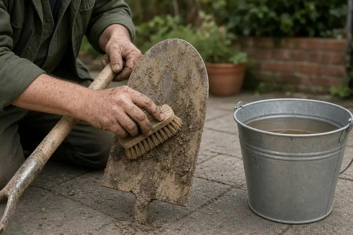 Gardener scrubbing dried soil off a spade with a stiff brush