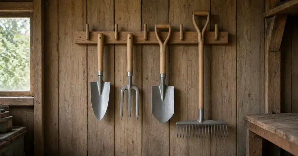 How to store garden tools for winter: clean tools hanging on a rack in a dry shed