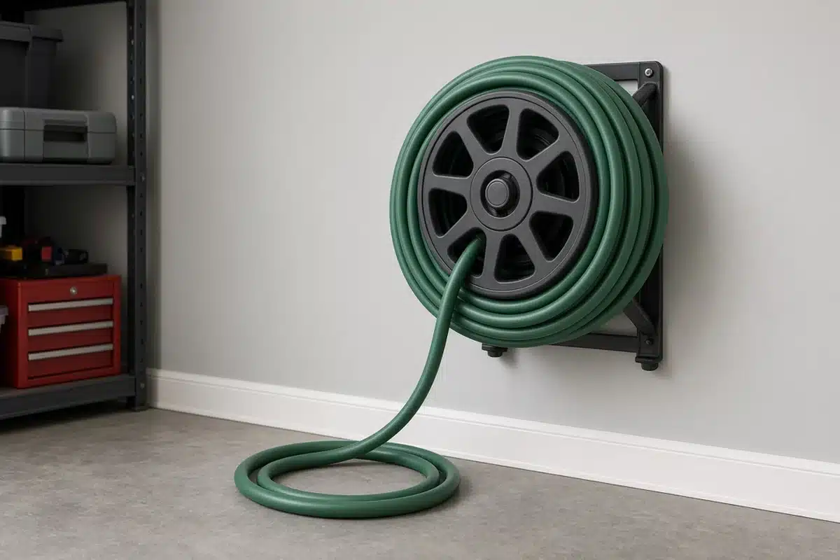 Drained garden hose coiled on a wall reel for winter storage