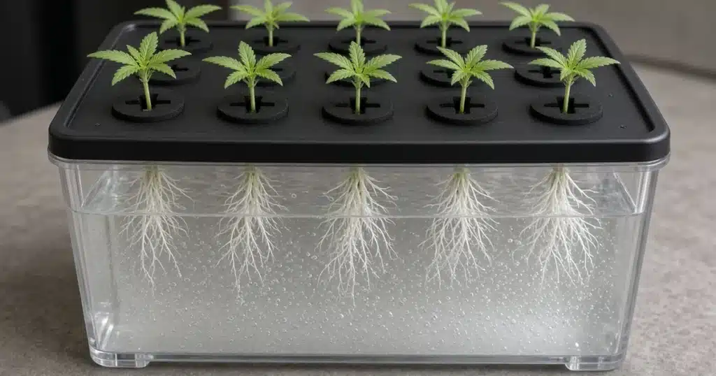 Clear cloning box with a black lid holding cannabis cuttings in round neoprene collars, with white roots hanging into the water below