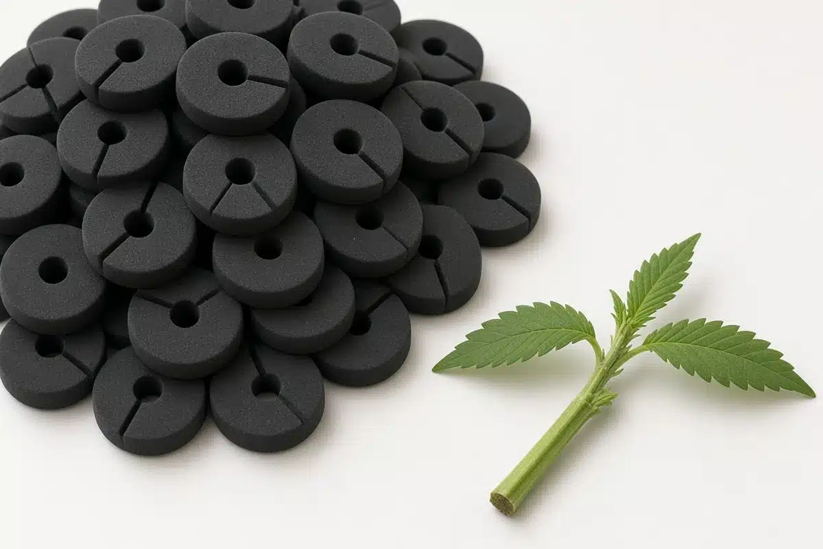 Pile of round black neoprene cloning collars with slits to the center hole beside a single cannabis cutting on a white surface
