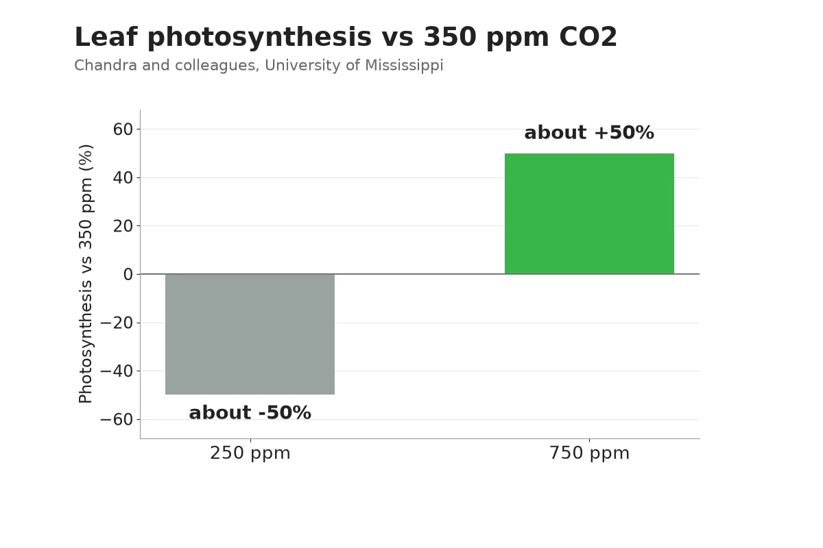 Chart of cannabis photosynthesis change at 250 and 750 ppm CO2 compared with 350 ppm