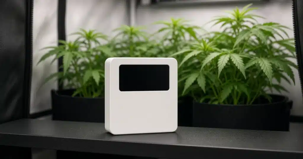 CO2 Levels for Cannabis: a CO2 monitor inside a grow tent