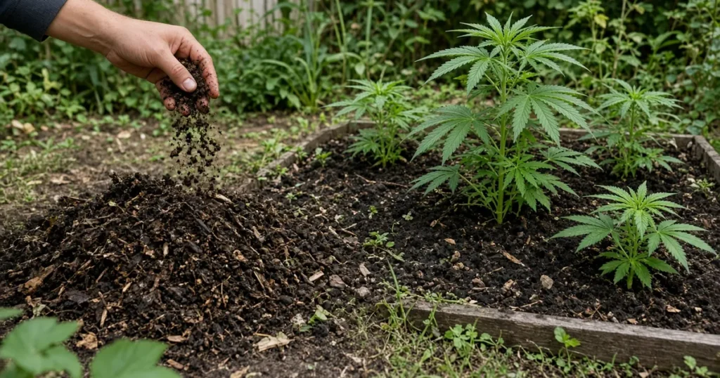Spent coffee grounds being mixed into compost beside a cannabis bed