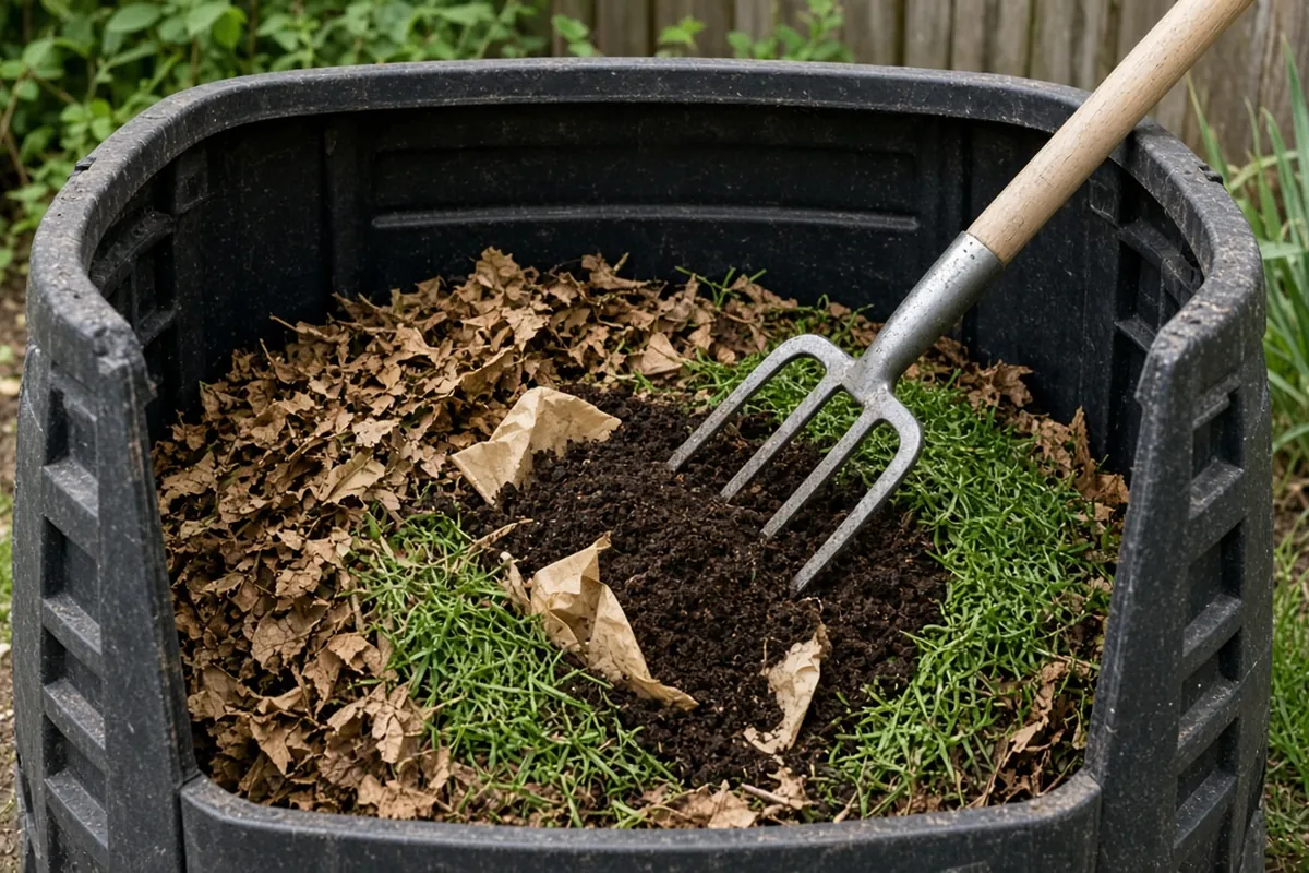 Spent coffee grounds and filters being mixed with leaves and grass clippings in a compost pile