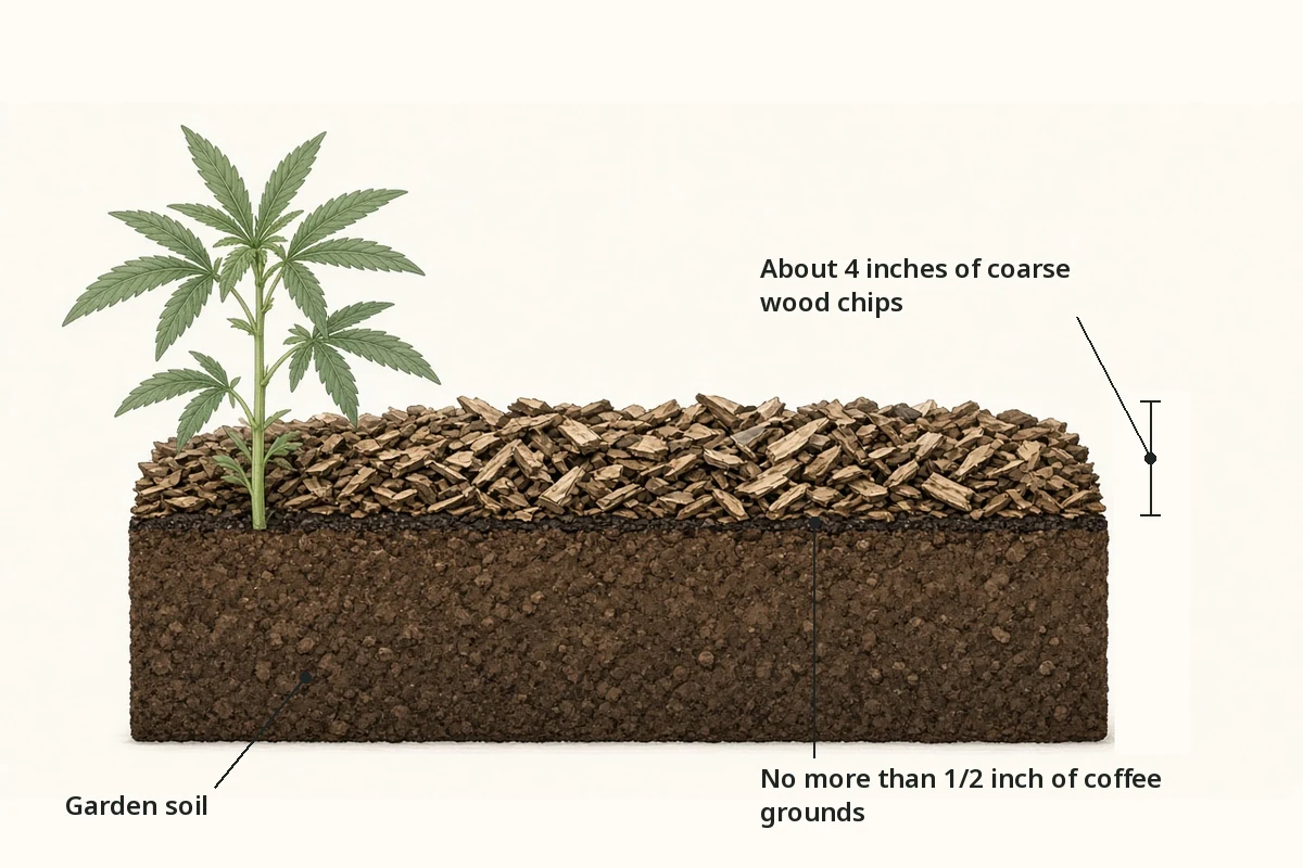 Cross section of soil topped by a half inch of coffee grounds covered with about 4 inches of wood chips