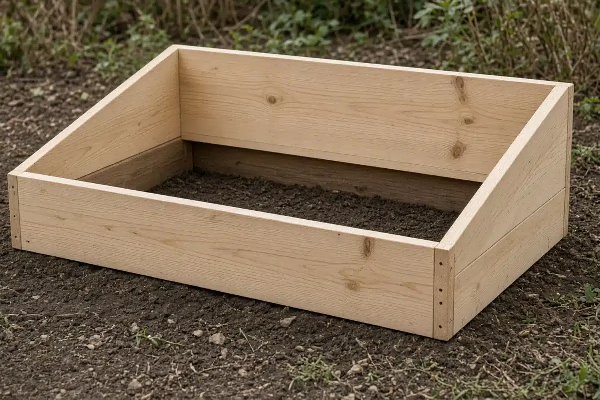 Sloped wooden cold frame with a taller back wall and lower front wall