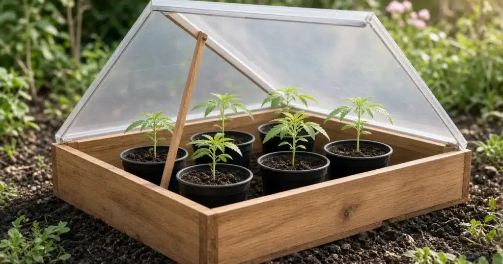 Cold frames for cannabis seedlings: a wooden frame with its clear lid propped open