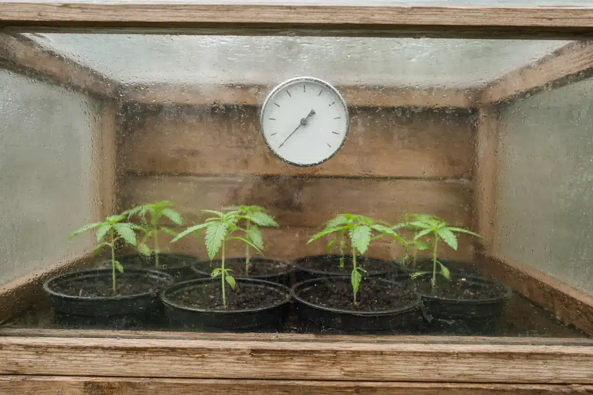 Thermometer inside a closed cold frame used to decide when to vent